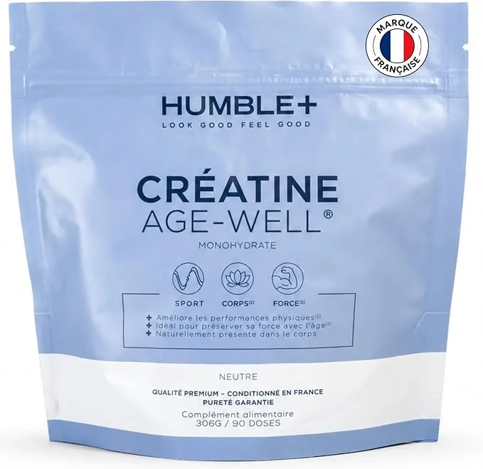 Sachet de créatine monohydrate HUMBLE+ Age-Well de 306g, affichant la marque, le nom du produit, la mention 'neutre' et '90 doses', avec un logo 'Marque Française' en haut à droite.