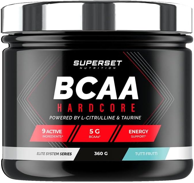 Pot noir de BCAA Hardcore de Superset Nutrition, saveur Tutti Frutti, avec les mentions 9 ingrédients actifs, 5g de BCAA et soutien énergétique.