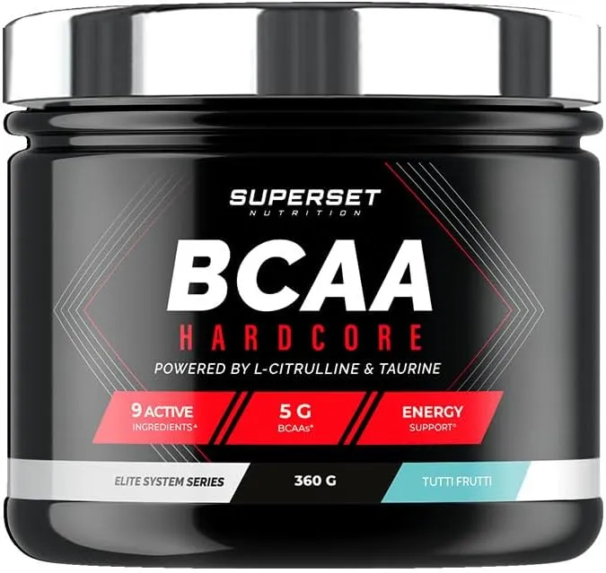 Pot noir de BCAA Hardcore de Superset Nutrition, saveur Tutti Frutti, avec les mentions 9 ingrédients actifs, 5g de BCAA et soutien énergétique.