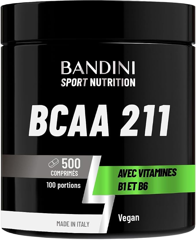 Un pot noir de BCAA 2:1:1 Bandini Sport Nutrition, indiquant 500 comprimés, 100 portions, et la mention 'Vegan' ainsi que 'Made in Italy'.