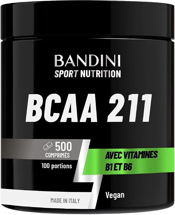 Un pot noir de BCAA 2:1:1 Bandini Sport Nutrition, indiquant 500 comprimés, 100 portions, et la mention 'Vegan' ainsi que 'Made in Italy'.