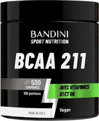 Un pot noir de BCAA 2:1:1 Bandini Sport Nutrition, indiquant 500 comprimés, 100 portions, et la mention 'Vegan' ainsi que 'Made in Italy'.