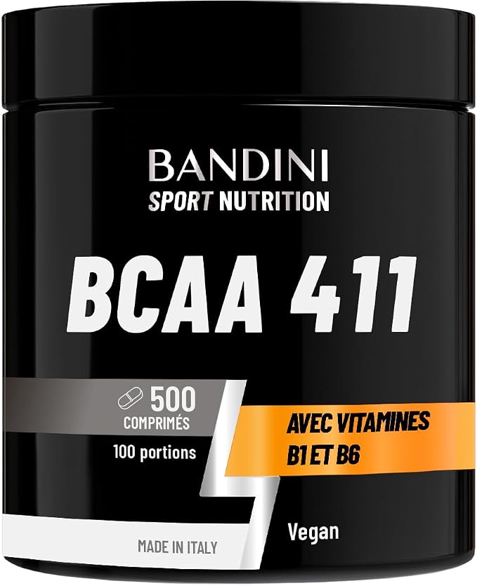 Pot noir de compléments alimentaires Bandini Sport Nutrition BCAA 411, indiquant 500 comprimés, 100 portions, avec vitamines B1 et B6, vegan et fabriqué en Italie.