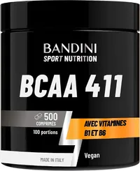 Pot noir de compléments alimentaires Bandini Sport Nutrition BCAA 411, indiquant 500 comprimés, 100 portions, avec vitamines B1 et B6, vegan et fabriqué en Italie.