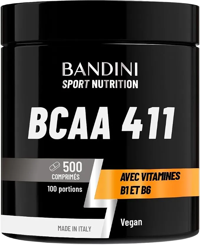 Pot noir de compléments alimentaires Bandini Sport Nutrition BCAA 411, indiquant 500 comprimés, 100 portions, avec vitamines B1 et B6, vegan et fabriqué en Italie.