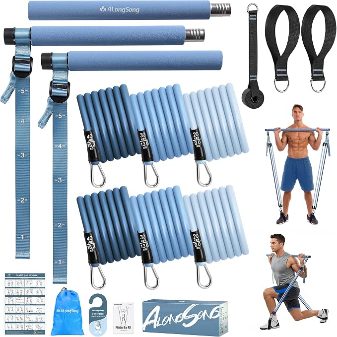 Vue d'ensemble du kit de barre de Pilates ALongSong ASEF022 de couleur bleue, montrant la barre démontée en trois segments, les six bandes de résistance (20, 30, 40 lbs), les sangles de pied, l'ancre de porte, le sac de transport et un guide d'exercices.