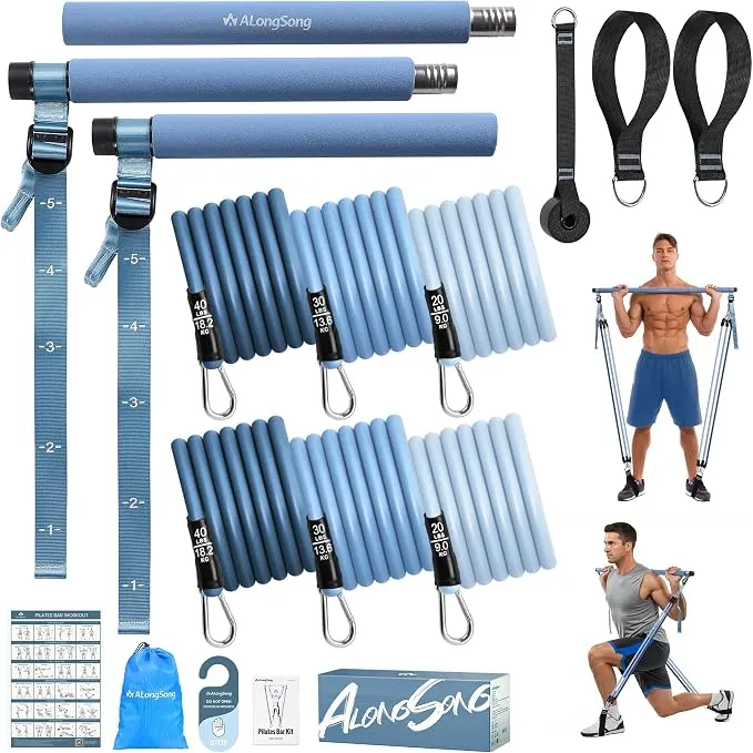Vue d'ensemble du kit de barre de Pilates ALongSong ASEF022 de couleur bleue, montrant la barre démontée en trois segments, les six bandes de résistance (20, 30, 40 lbs), les sangles de pied, l'ancre de porte, le sac de transport et un guide d'exercices.