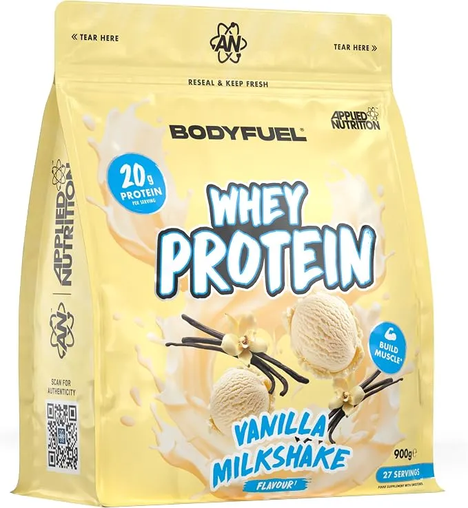 Vue de face du sachet refermable de protéines BodyFuel Whey Protein saveur Vanilla Milkshake, affichant 20g de protéines par portion et un poids net de 900g.