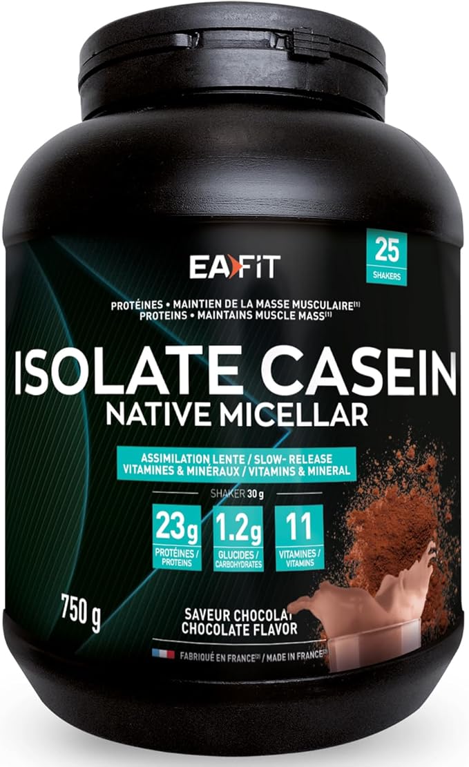 Pot noir de 750g de poudre protéinée Eafit Isolate Casein Native Micellar saveur chocolat, avec des informations nutritionnelles et la mention 'Fabriqué en France'.