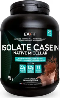 Pot noir de 750g de poudre protéinée Eafit Isolate Casein Native Micellar saveur chocolat, avec des informations nutritionnelles et la mention 'Fabriqué en France'.