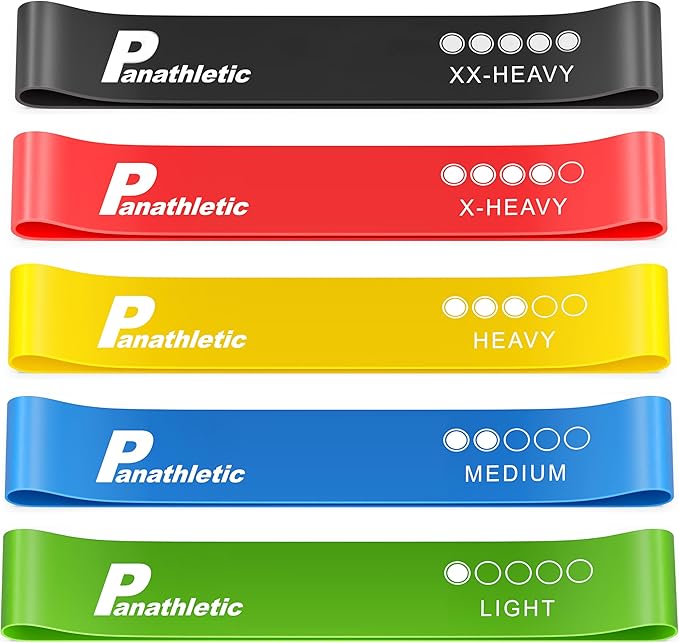 Cinq bandes élastiques de résistance Panathletic de type mini-loop, présentées à plat et empilées verticalement. Chaque bande est d'une couleur différente (noir, rouge, jaune, bleu, vert) et indique son niveau de résistance : XX-HEAVY, X-HEAVY, HEAVY, MEDIUM, LIGHT, avec des cercles pour visualiser la force.