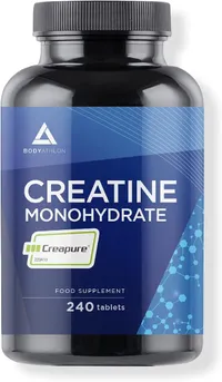 Bouteille noire de créatine monohydrate de la marque Bodyathlon, avec le logo Creapure et l'indication '240 tablets' sur l'étiquette bleue.