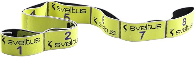 Bande élastique Sveltus Elastiband jaune fluo, pliée en S, montrant ses huit poignées numérotées de 1 à 8 et le logo Sveltus.