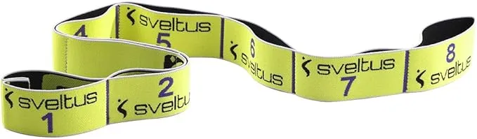 Bande élastique Sveltus Elastiband jaune fluo, pliée en S, montrant ses huit poignées numérotées de 1 à 8 et le logo Sveltus.