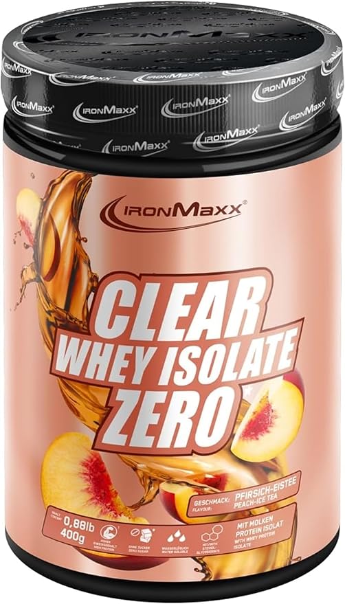 Pot de poudre protéinée IronMaxx Clear Whey Isolate Zero saveur pêche-thé glacé, avec des illustrations de pêches et de liquide ambré.