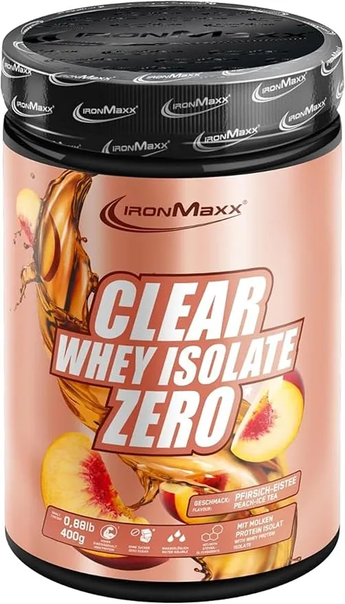 Pot de poudre protéinée IronMaxx Clear Whey Isolate Zero saveur pêche-thé glacé, avec des illustrations de pêches et de liquide ambré.