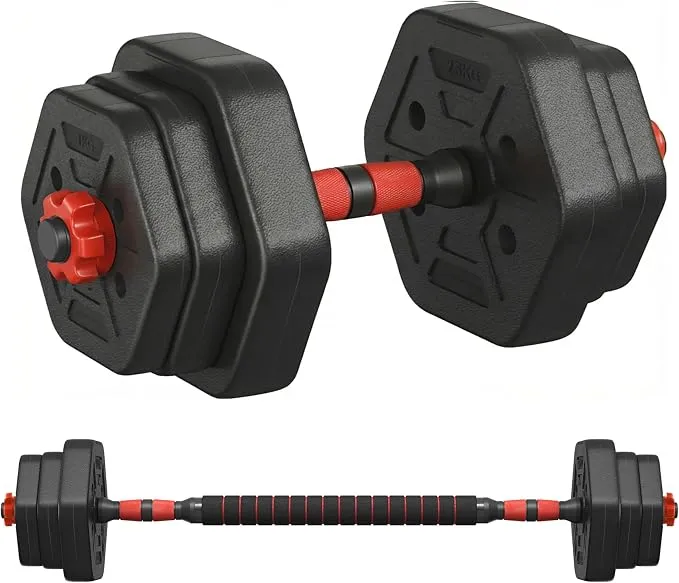 Une haltère configurée avec des disques hexagonaux noirs et des colliers de serrage rouges, et une barre longue avec les mêmes disques et une poignée centrale rembourrée.
