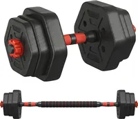 Une haltère configurée avec des disques hexagonaux noirs et des colliers de serrage rouges, et une barre longue avec les mêmes disques et une poignée centrale rembourrée.