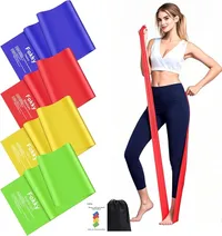 Une femme souriante utilise une bande de résistance rouge pour un exercice de bras, tandis qu'un ensemble de cinq bandes Fokky de différentes couleurs (vert, jaune, rouge, bleu, violet) est présenté à côté, avec un manuel et une pochette de rangement noire.