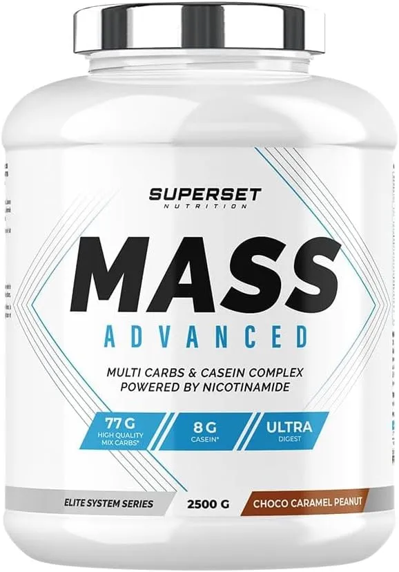 Pot blanc de gainer Superset Nutrition Mass Advanced saveur chocolat caramel cacahuète, affichant 77g de glucides, 8g de caséine et la mention Ultra Digest.