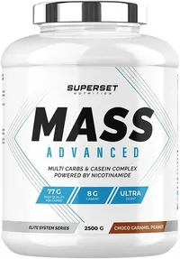 Pot blanc de gainer Superset Nutrition Mass Advanced saveur chocolat caramel cacahuète, affichant 77g de glucides, 8g de caséine et la mention Ultra Digest.